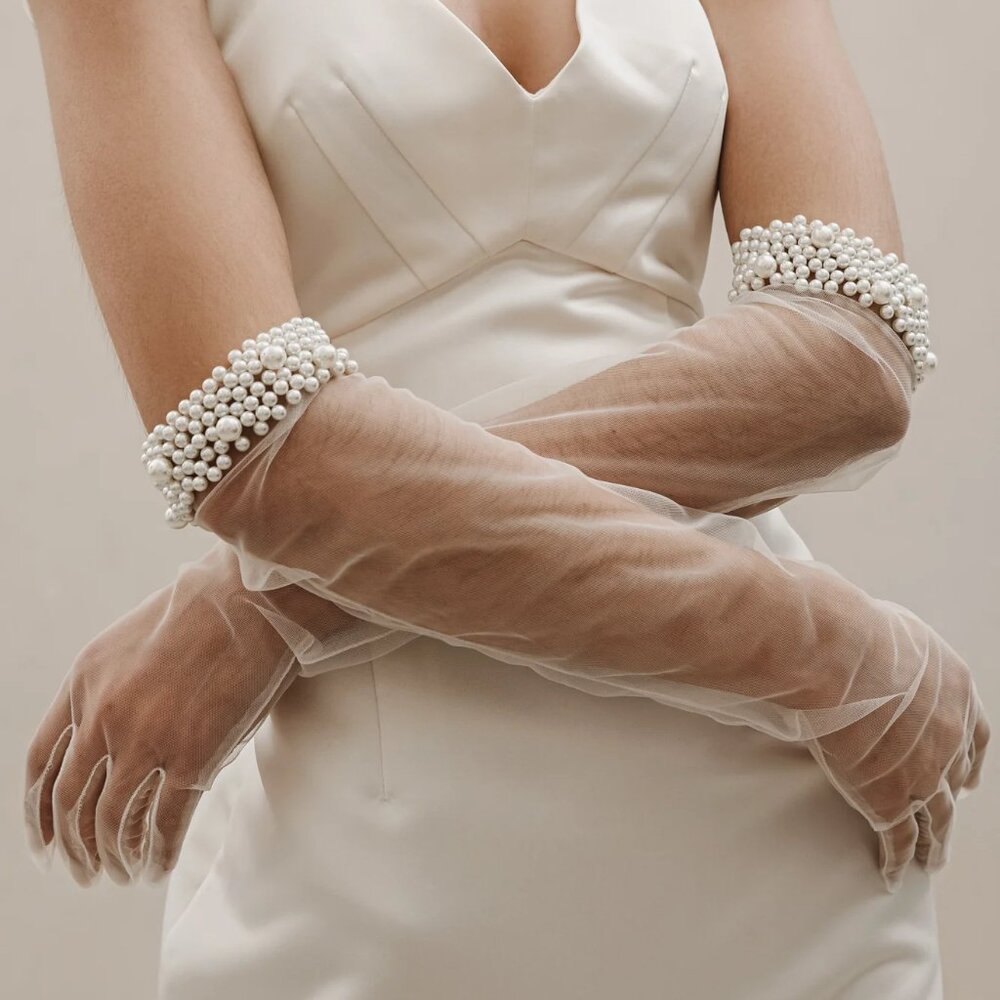 Sheer Bridal Glove with Pearl Embellishments